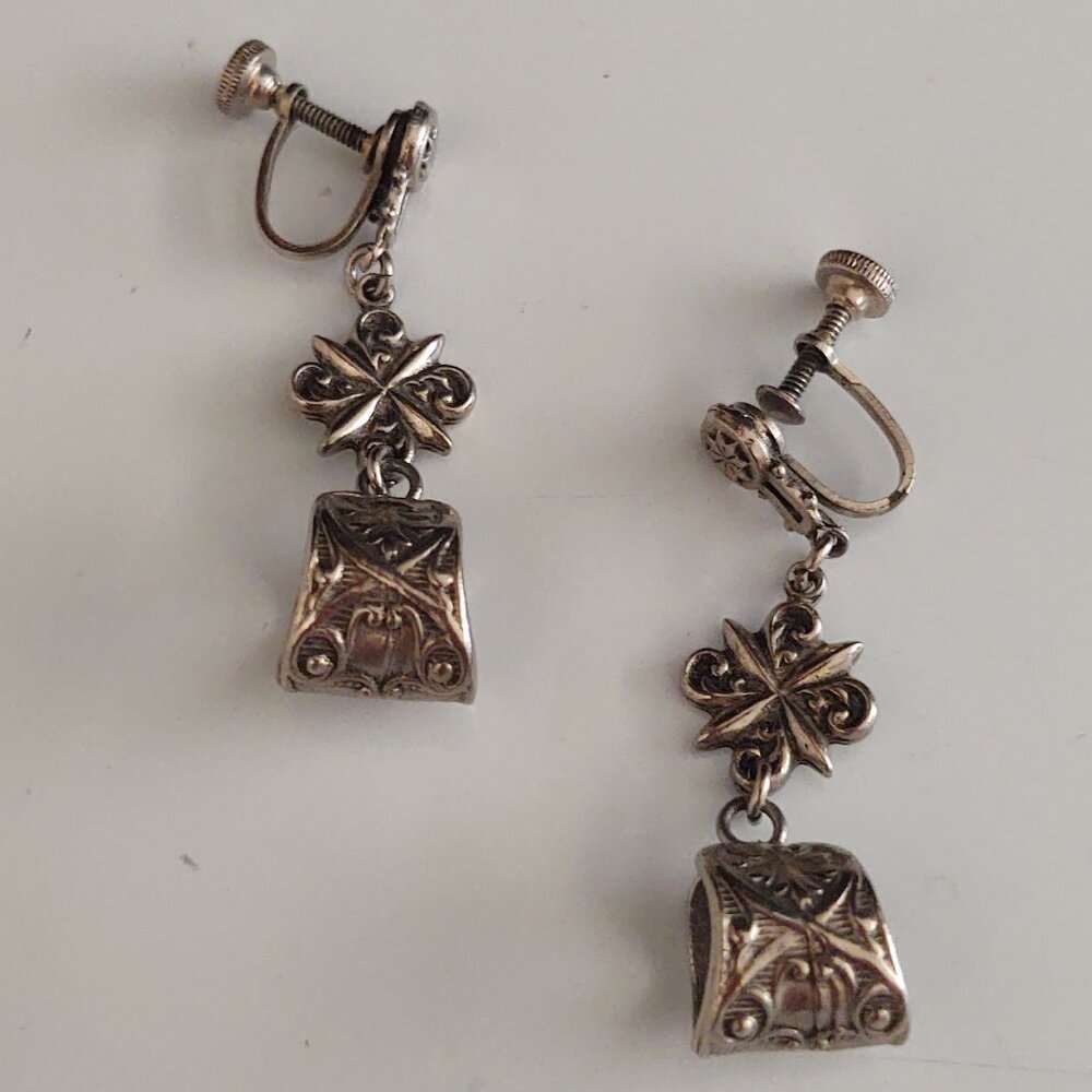 SPANISH DAMASCENE STUD DROP ORNATE SILVER COLOR SCREW BACK EARRINGS